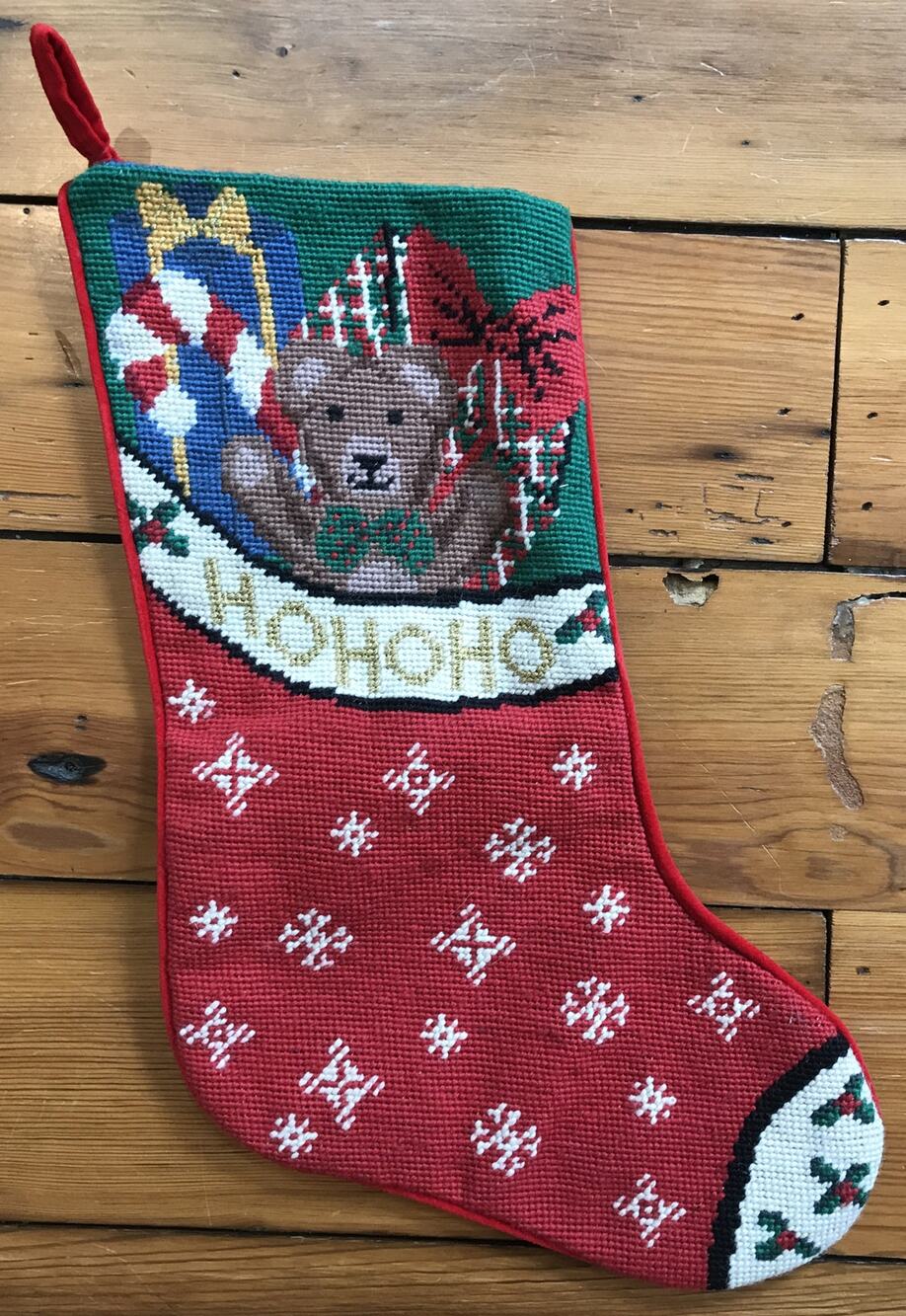 Vintage Crosstitch Ho Ho Ho Teddy Bear Christmas Holiday Stocking Decoration